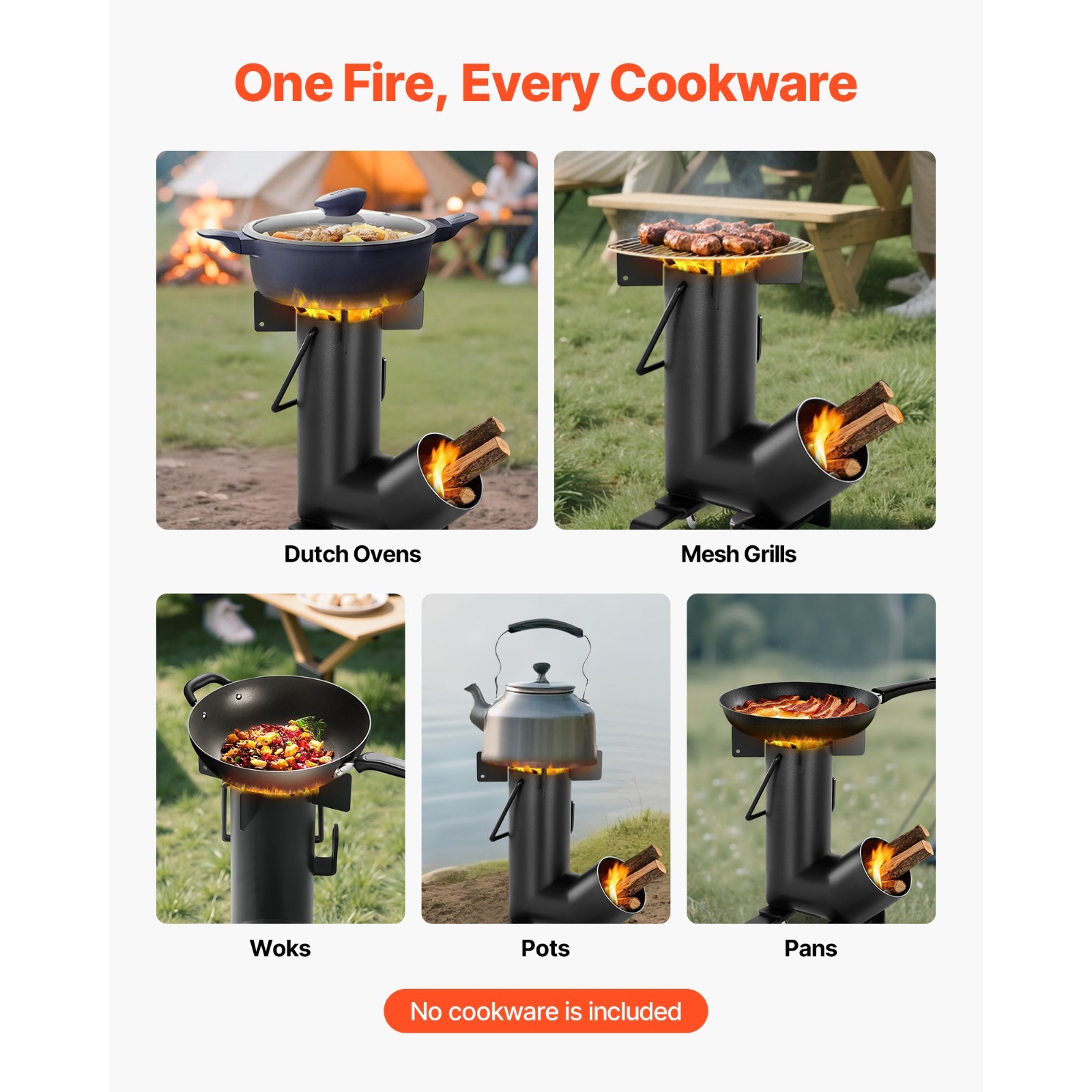 Portable Camping Rocket Stove – Burn Wood, Twigs for Outdoor Cooking, Black
