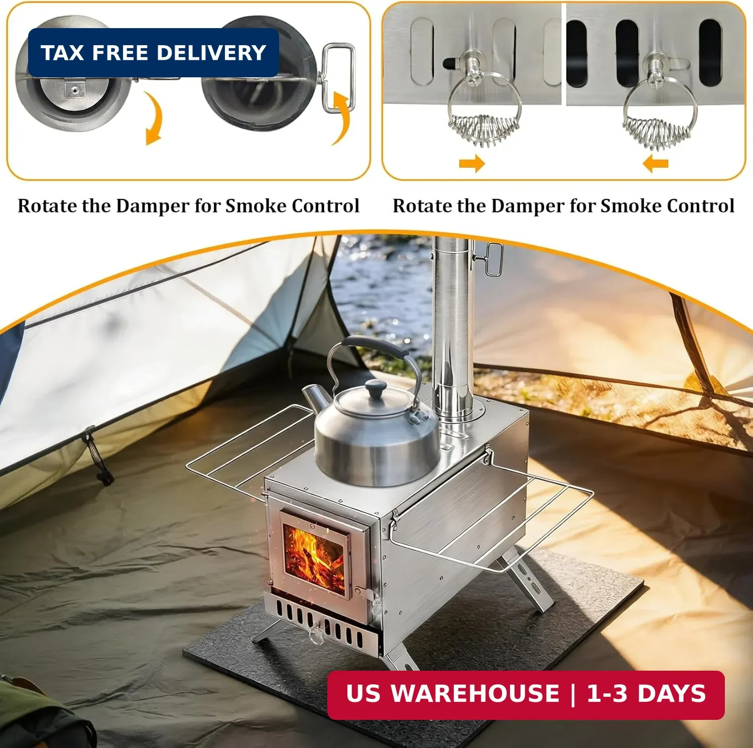 unho Stainless Hot Tent Stove 15in Wood Burning Stove with 6 Chimney Pipes for O