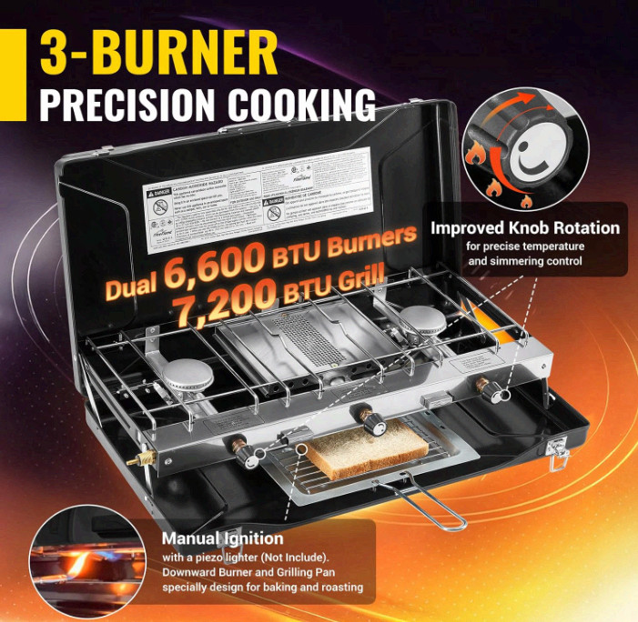 Portable 3-Burner Propane Camping Stove w/ Ignition, 20400 BTU
