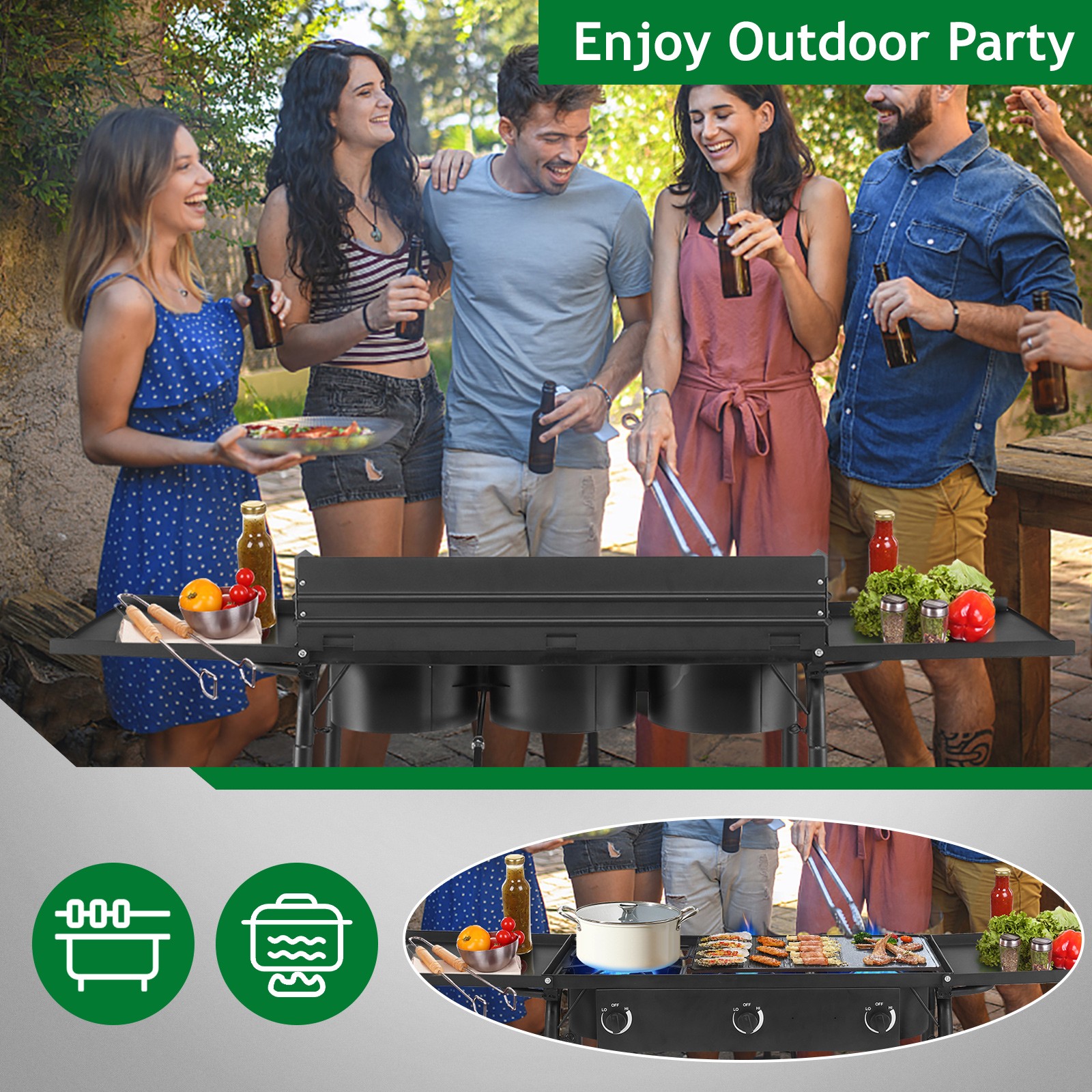 Propane 225,000-BTU 3 Burner Gas Cooker Outdoor Camping Stove BBQ Grill w/ Shelf