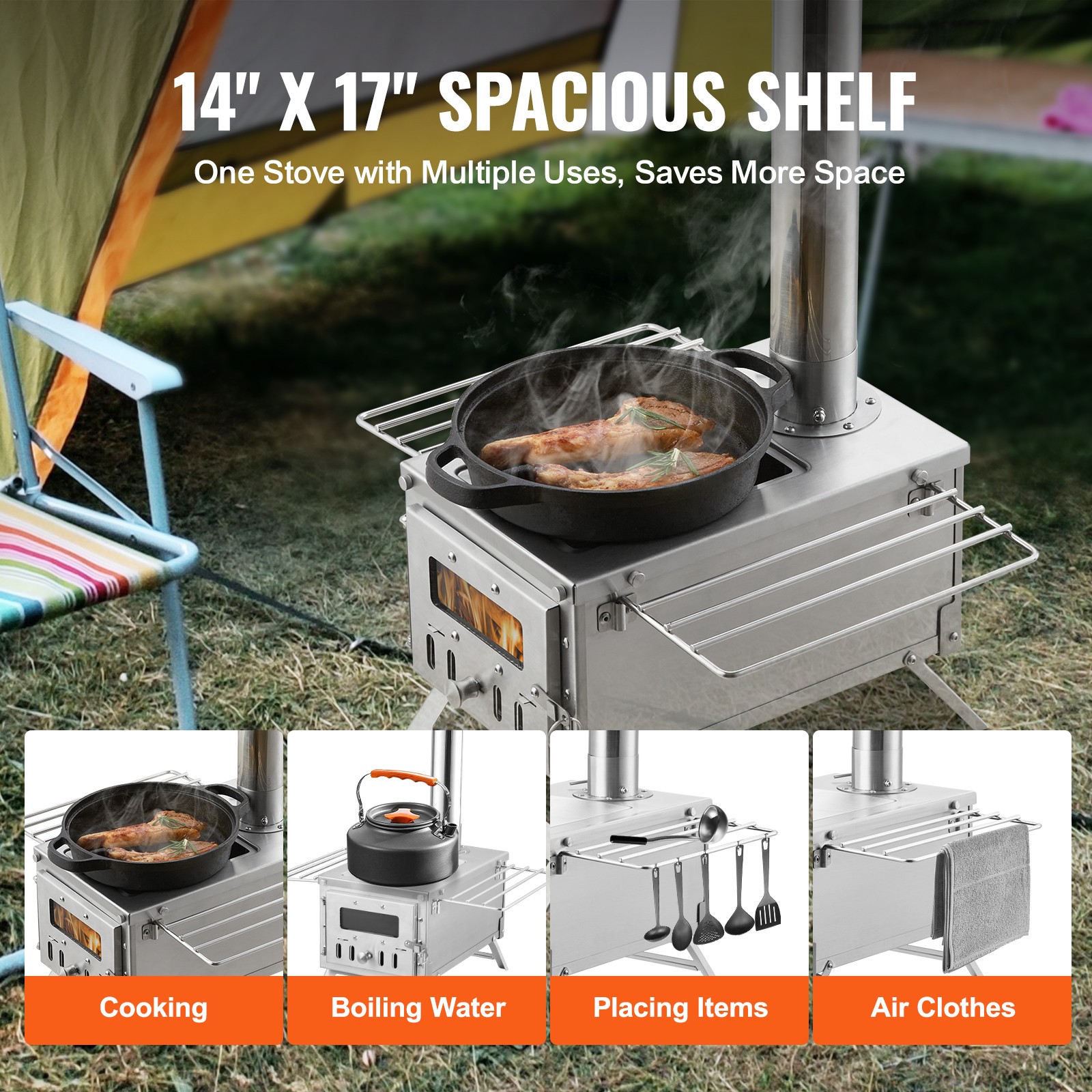 VEVOR Portable Wood Stove Camping Hot Tent BBQ Stove 80 in for Outdoor w/ Pipes