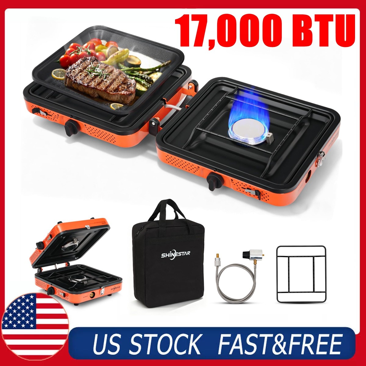 2 Burner Propane Stove and Gas Grill Foldable Camping Cooker W/ Case & Hose