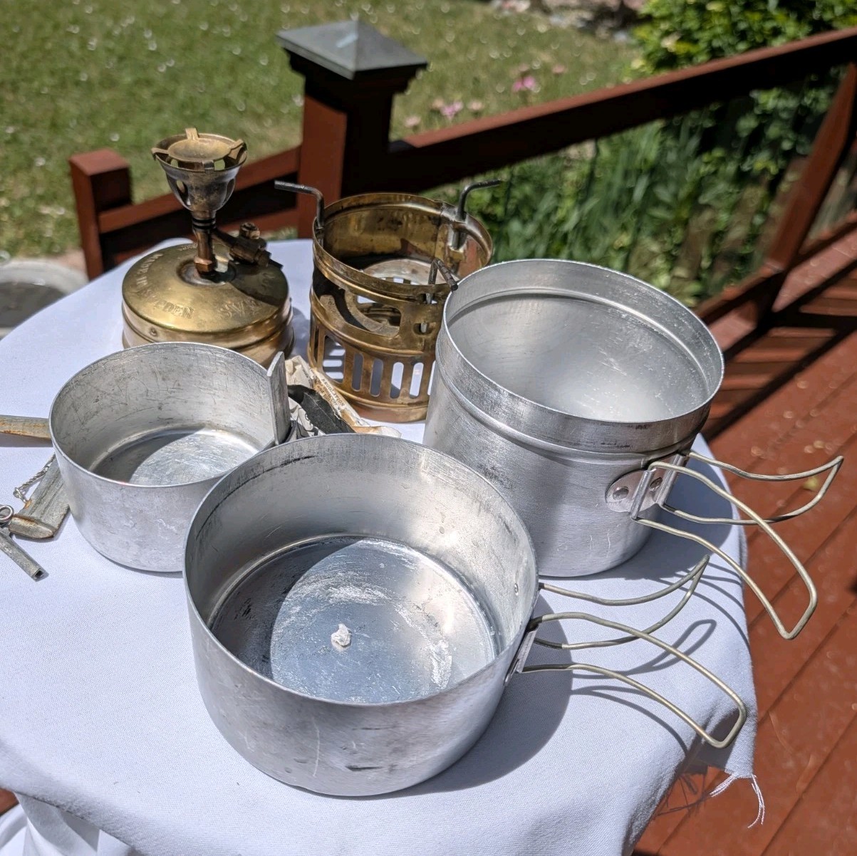 Vintage Svea 123 Brass Backpacking Camp Stove Optimus Sweden w/ Safety Chef Pots