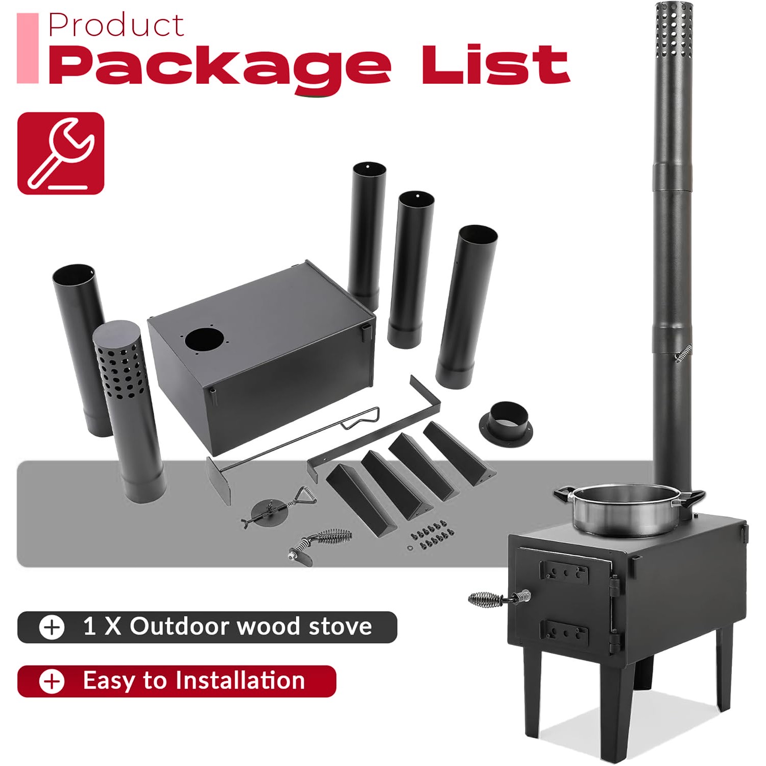 Steel Outdoor Wood Burning Stove for Cooking Hiking with Chimney Pipe Portable