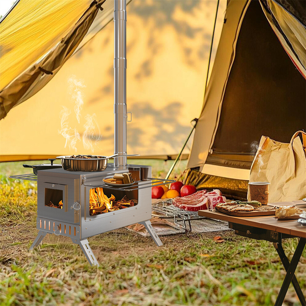 Portable Hot Tent Stove Wood Burning Stove w/ 7 Stainless Chimney Pipes Camping