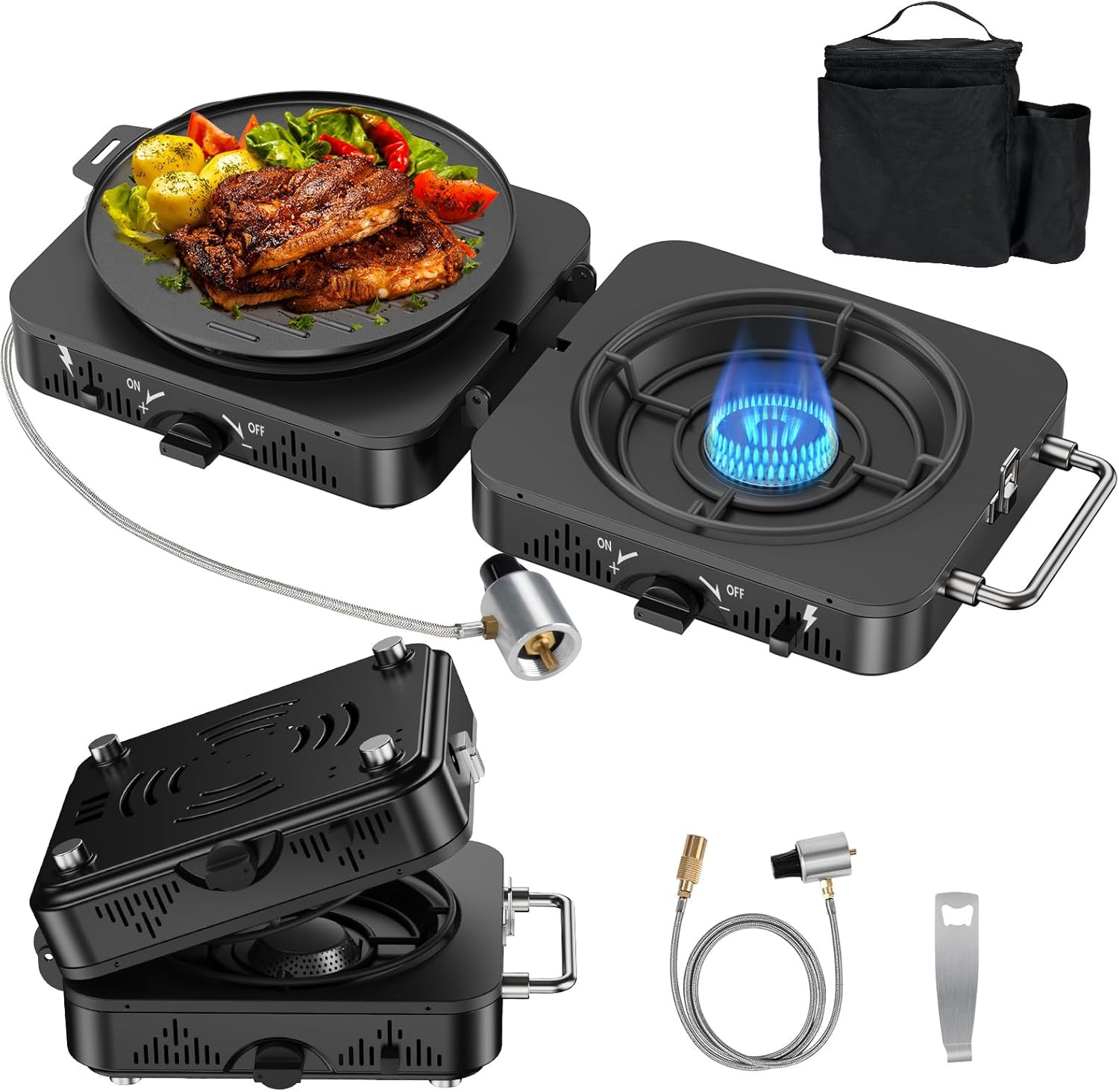 2 Burner Propane Camping Stove, 20000 BTU Foldable Portable Camp Stove with Piez