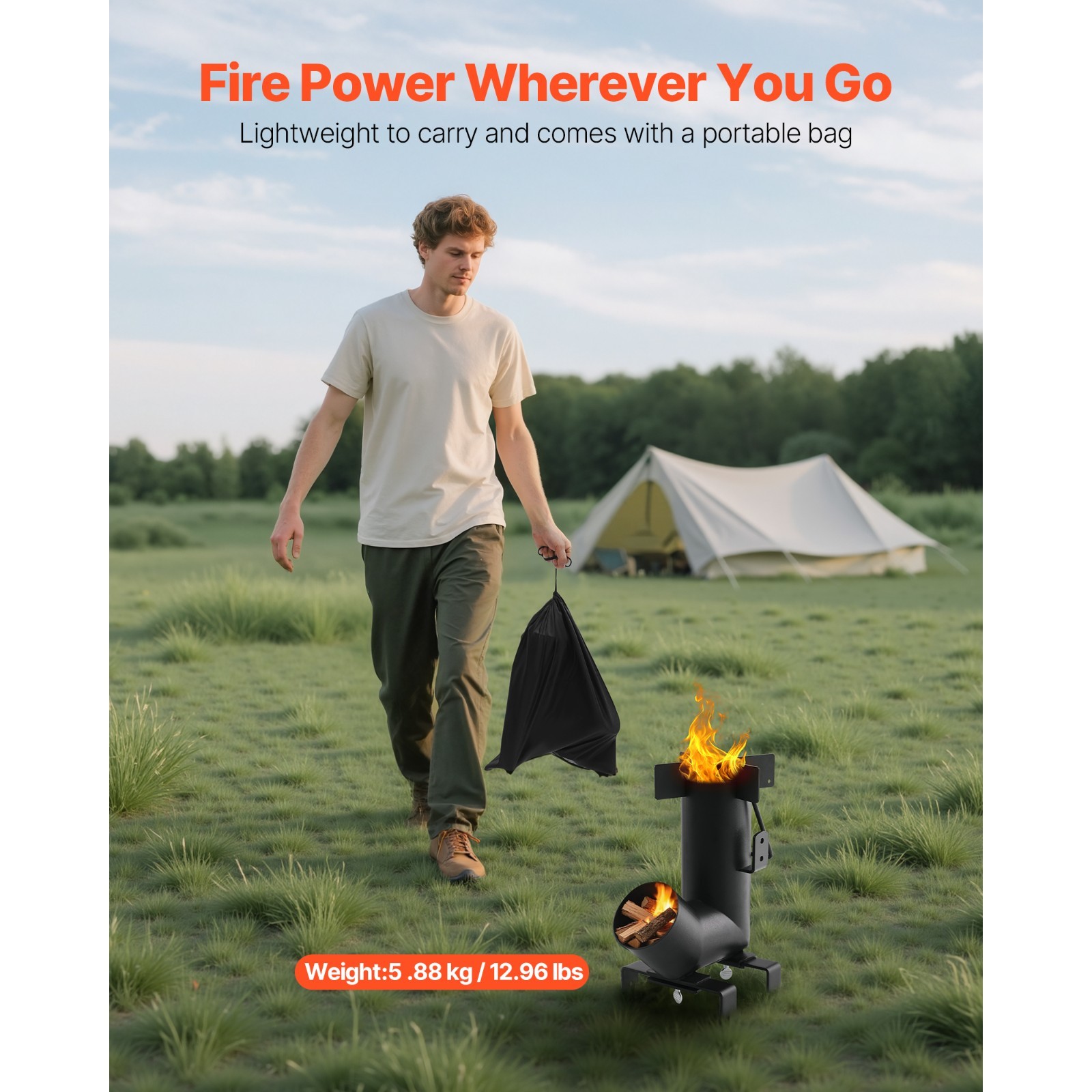 Portable Camping Rocket Stove – Burn Wood, Twigs for Outdoor Cooking, Black