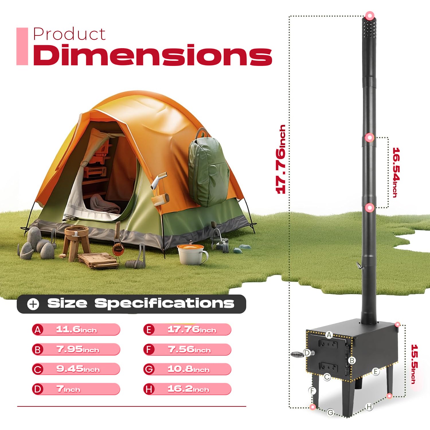 Steel Outdoor Wood Burning Stove for Cooking Hiking with Chimney Pipe Portable