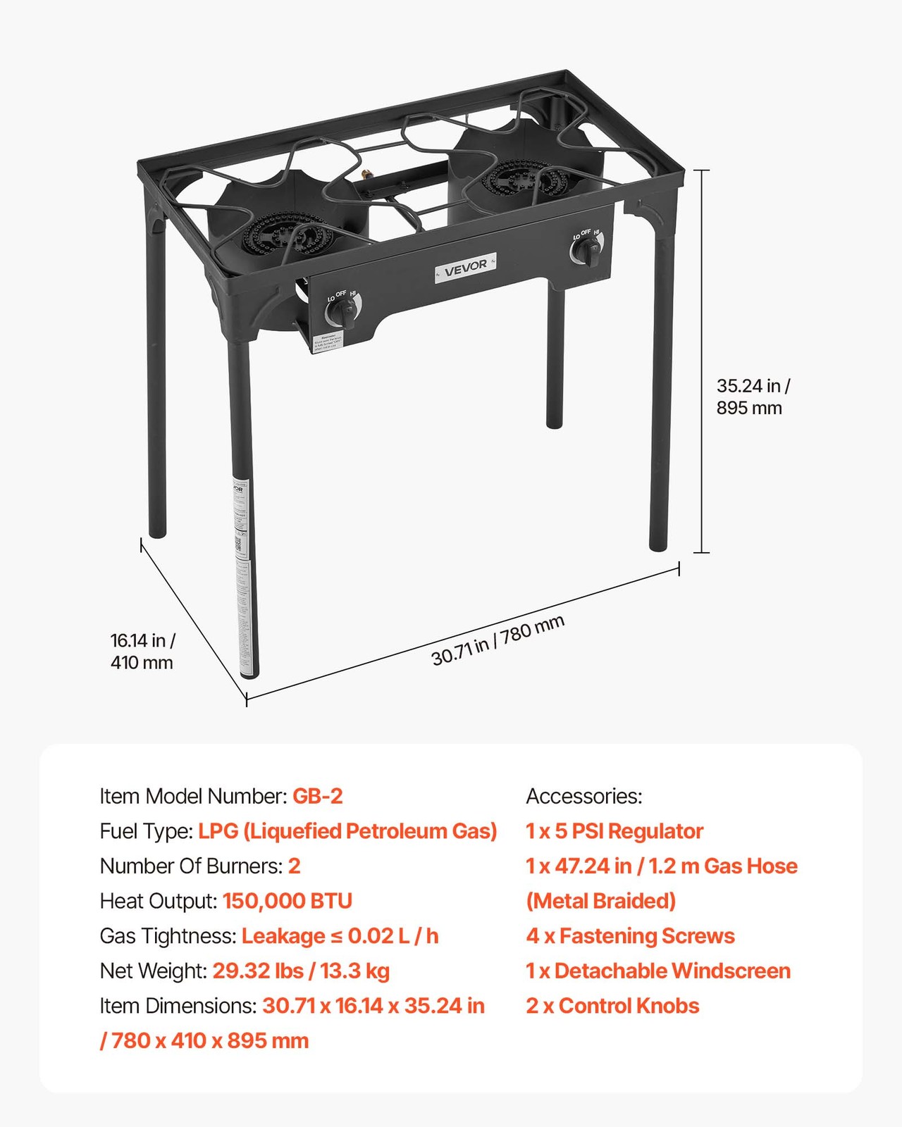 VEVOR 2 Burner Propane Gas Stove 150000 BTU Outdoor Camping Cooker with Shield