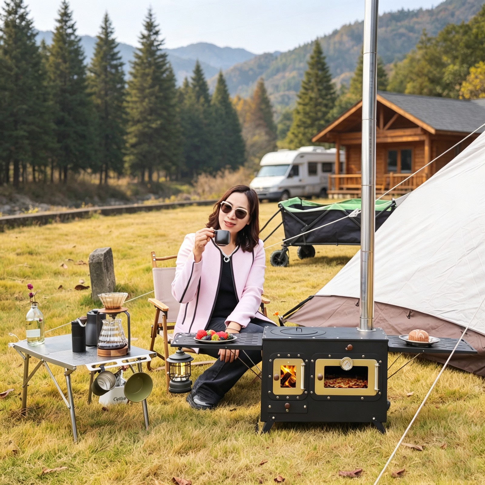 Foldable Camping Wood Stove with Oven Portable Steel Outdoor Cooking Fire Stove