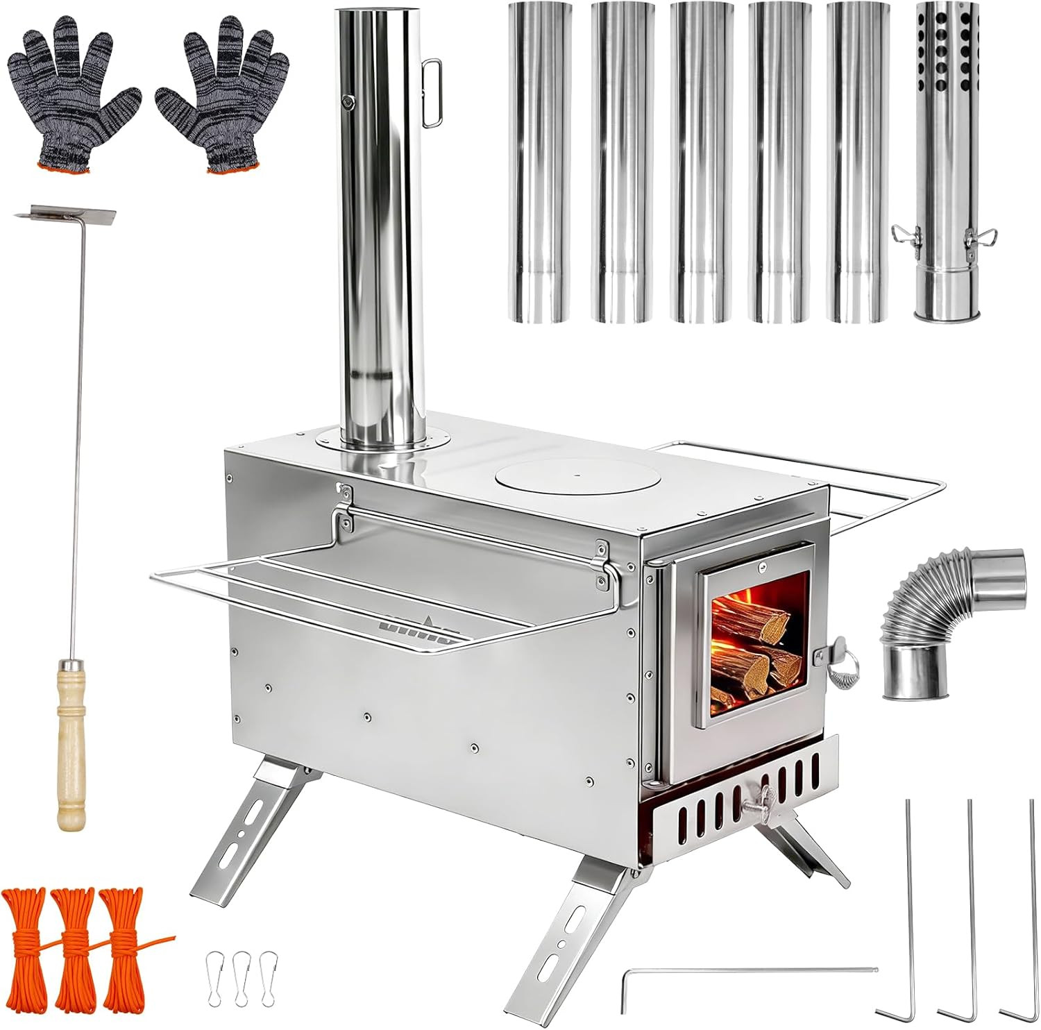 Stainless Hot Tent Stove 15In Wood Burning Stove with 6 Chimney Pipes for Outdoo