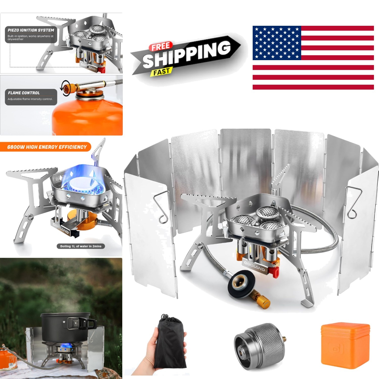 3500W 6800W Windproof Camp Stove with Windscreen for Hiking and Outdoor Cooking
