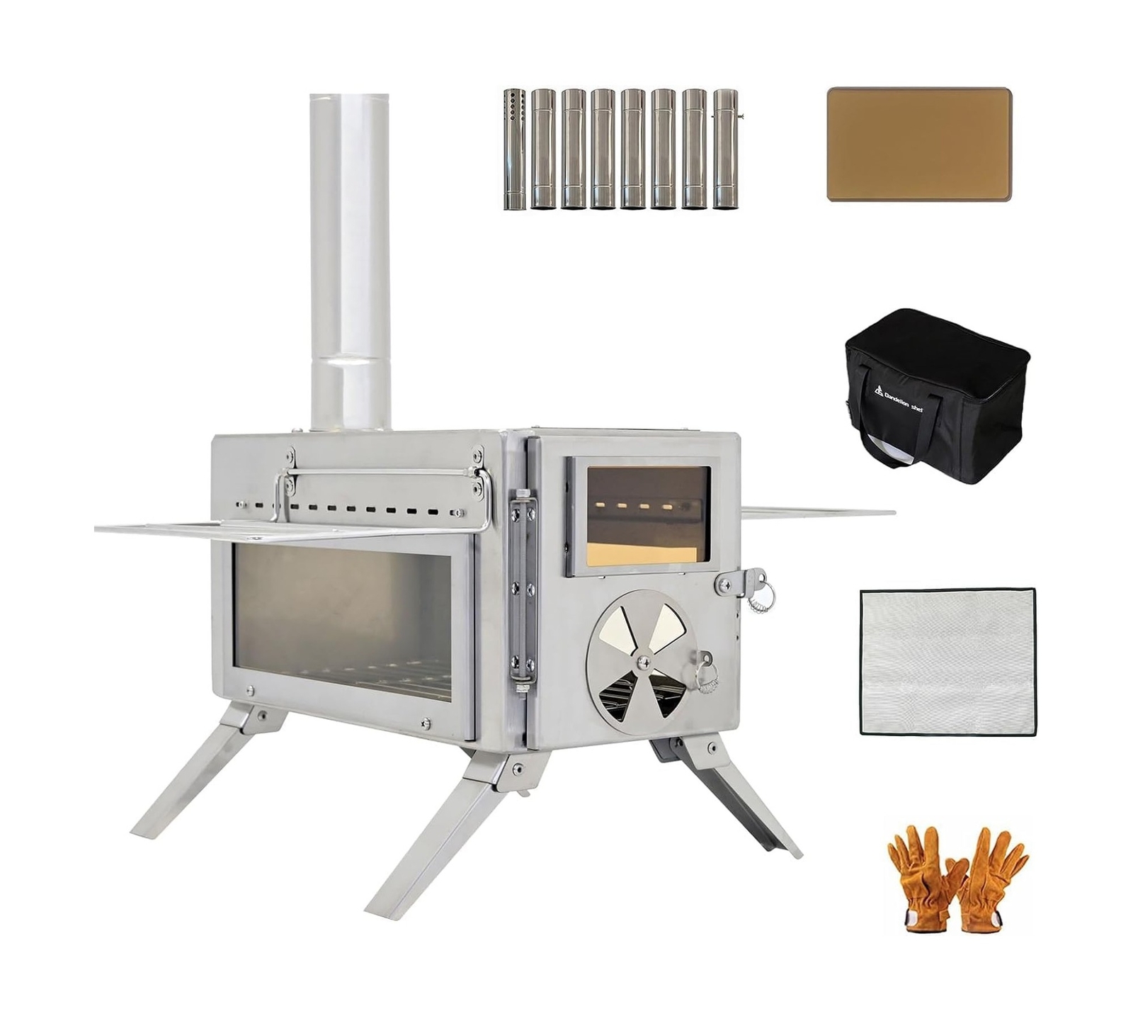 Portable Camping Wood Stove with View Glass and Cooking Function, 8 Stainless…