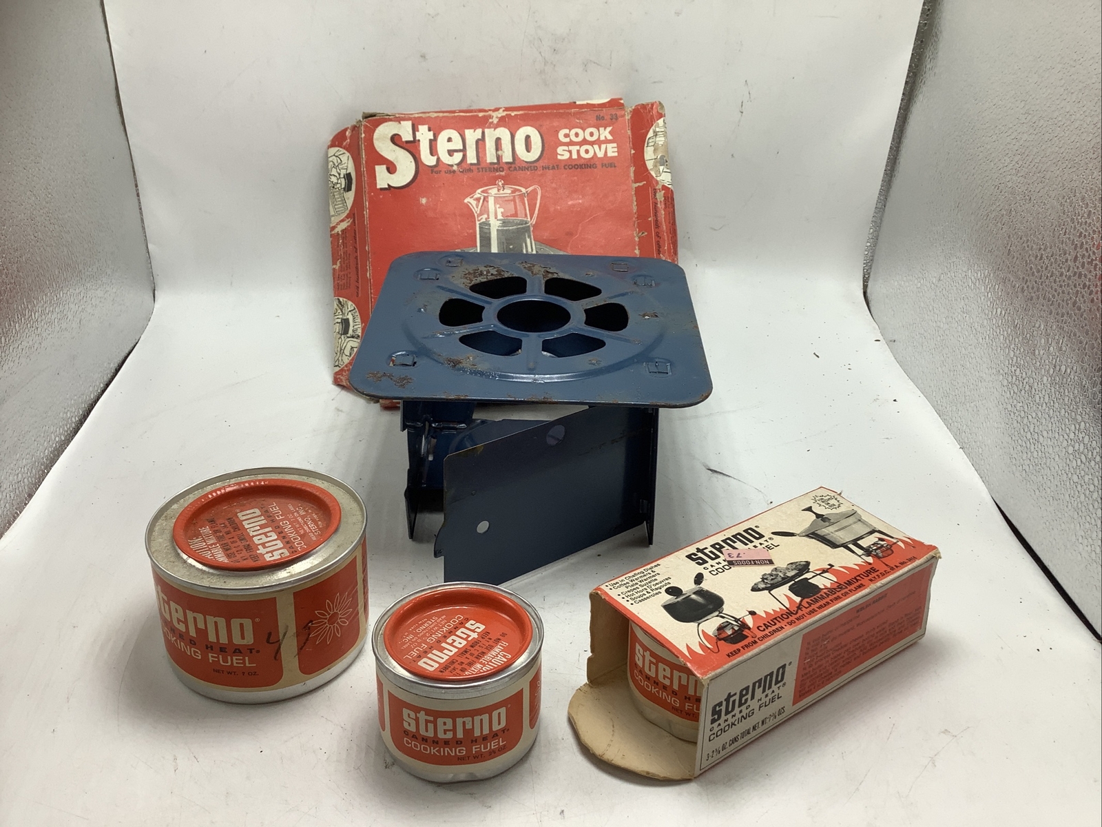 Bundle Vintage Sterno Folding Cook Stove No. 33 w/ Box and 4 cans cooking fuel