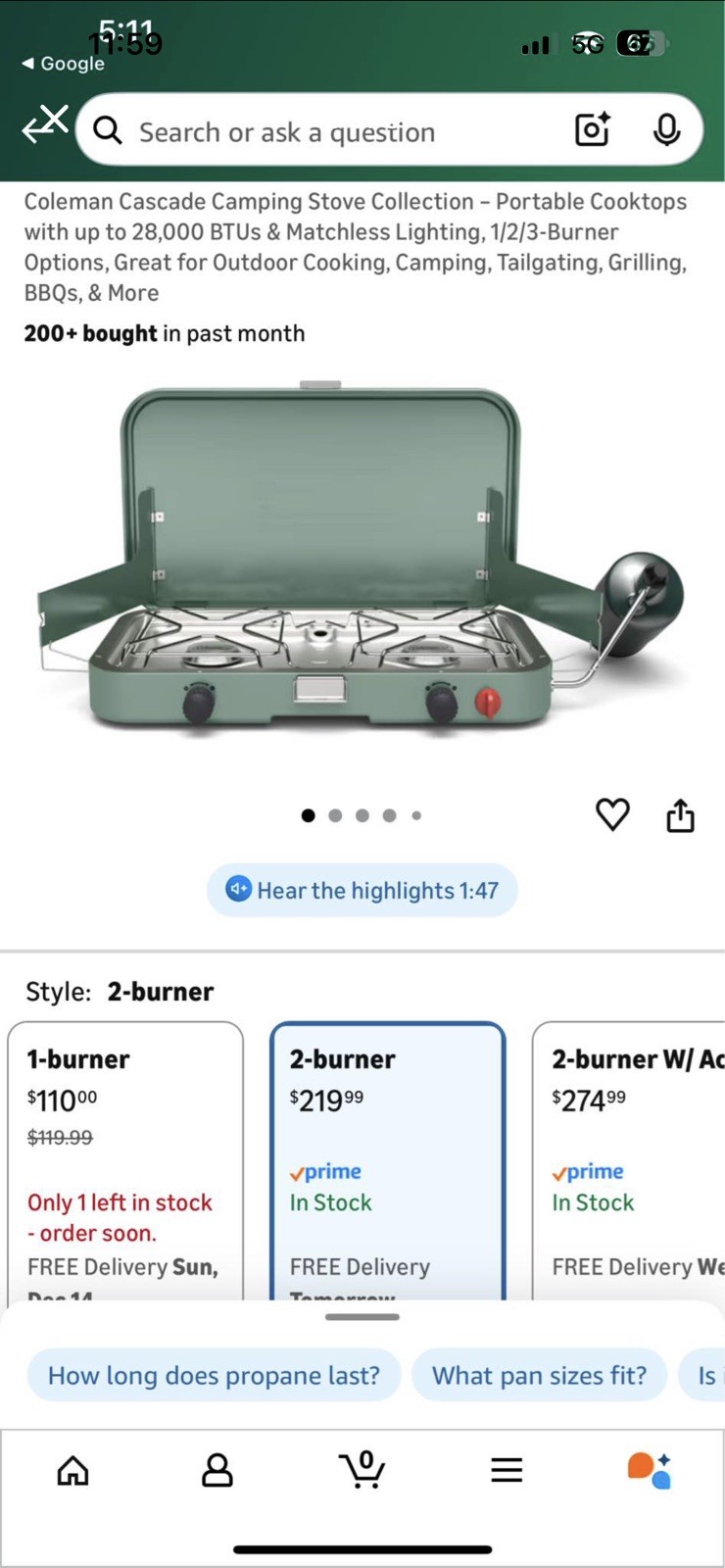 Coleman Cascade 222 2-Burner Camp Stove, 22,000 BTU, Propane