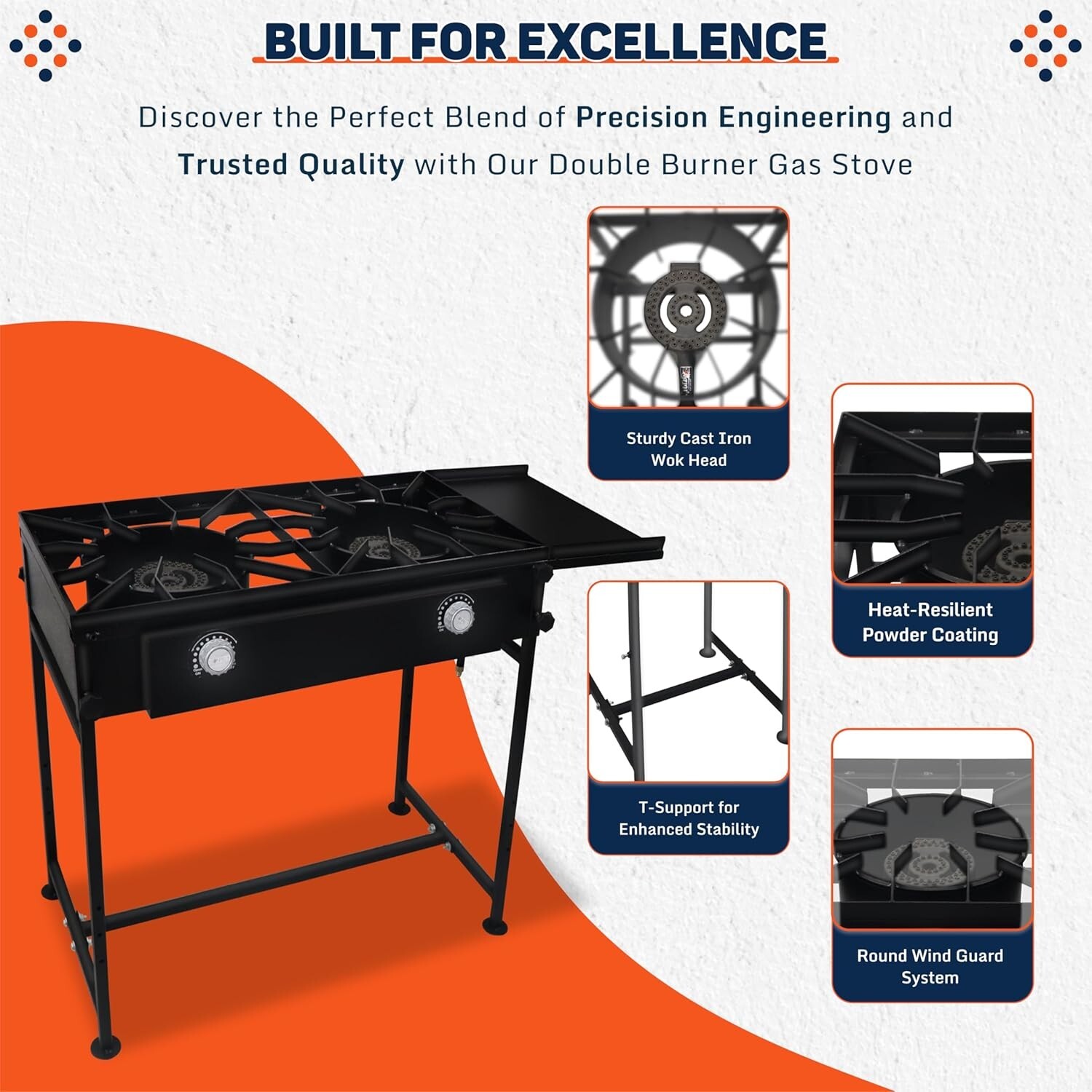 Double Burner Propane Stove – 1,50,000 BTU – with Detachable Legs & Side Shelf
