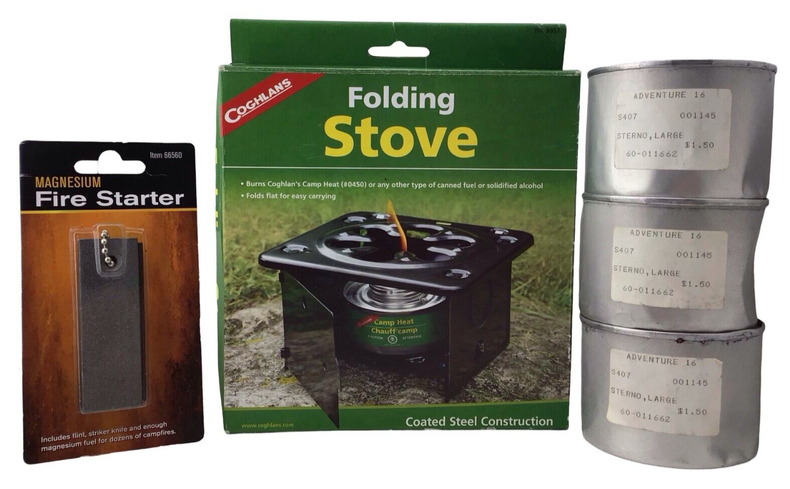 Outdoor Camping Fire Bundle Folding Stove Magnesium Lighter 3 Sterno Canned Heat