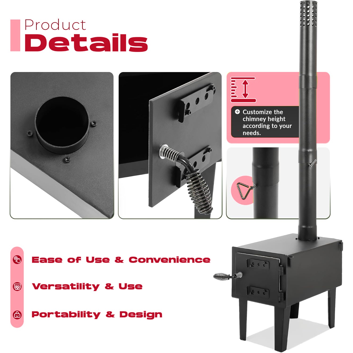 Steel Outdoor Wood Burning Stove for Cooking Hiking with Chimney Pipe Portable