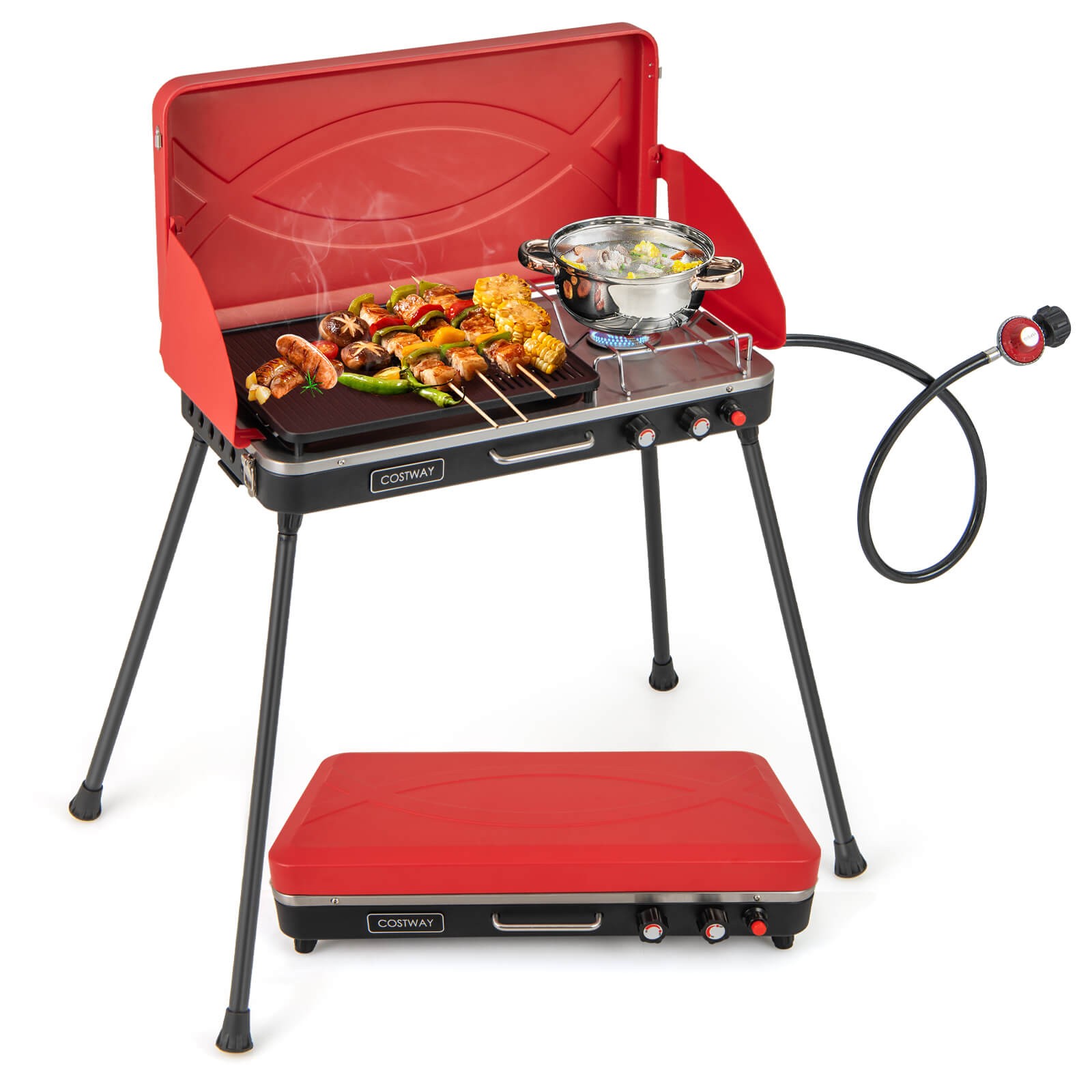 2-in-1 Propane Grill 2 Burner Camping Gas Stove Portable w/ Removable Leg