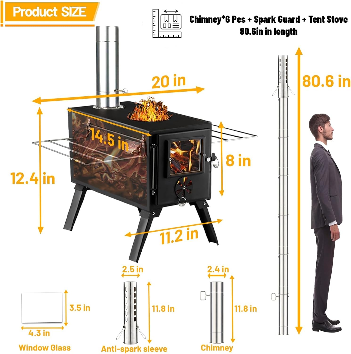 Hot Tent Stove Wood Burning Stove Portable Wood Stove W/ 12 Stainless Chimney