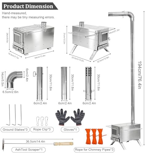 15in Wood Burning Stove with 6 Chimney Pipes – Stainless Hot Tent Stove