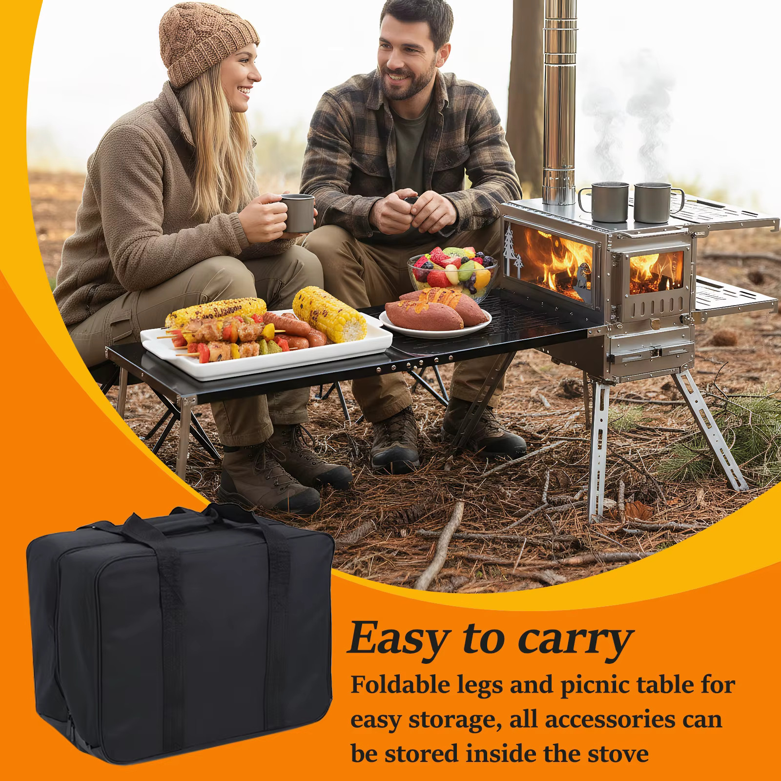 Camping Stove with Oven & Camping Table with Chimney Pipe Multi-Fuel Camp Stove