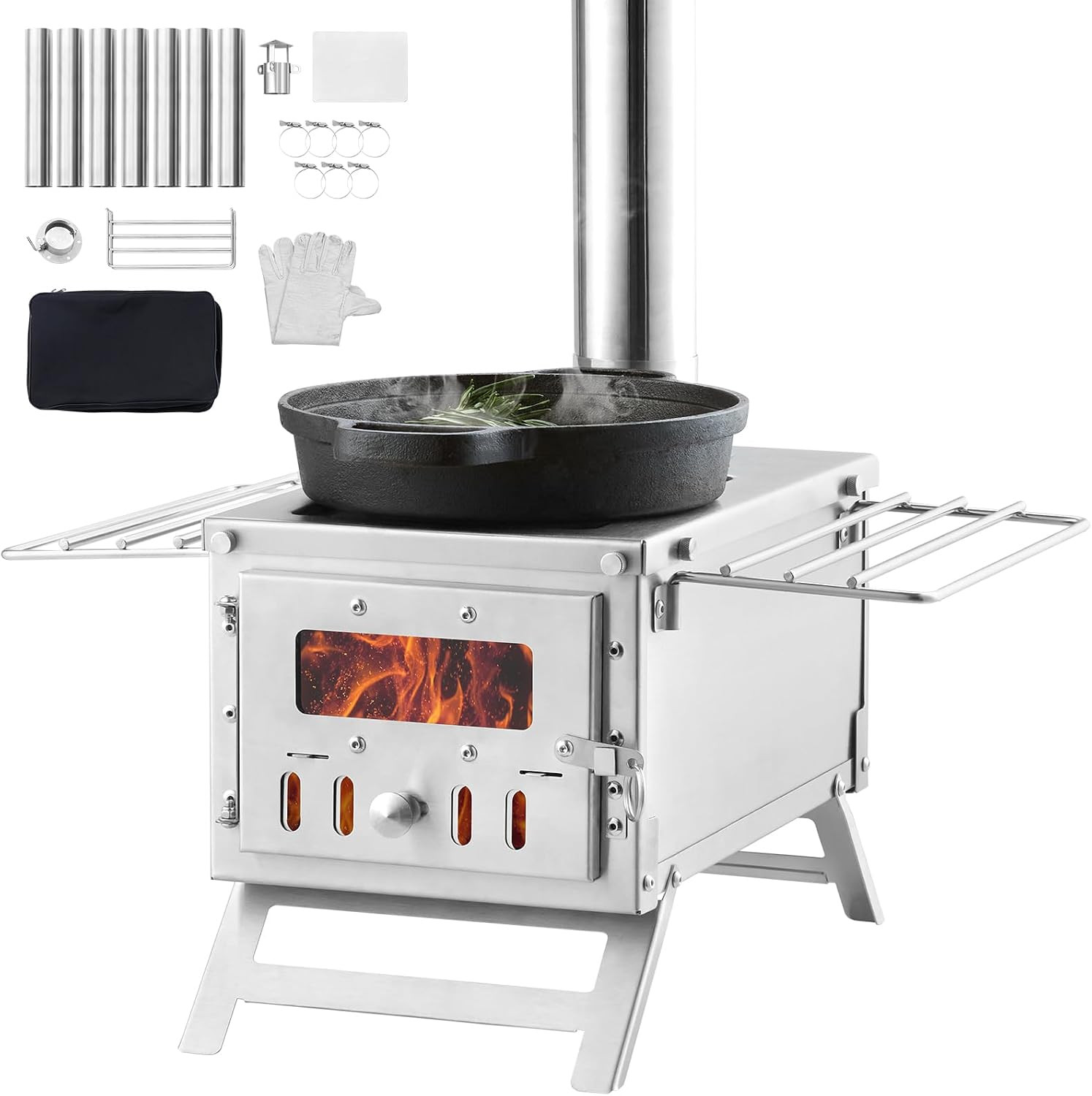 Camping Wood Stove Stainless Steel Camping Tent Stove, Portable Wood Burning Sto