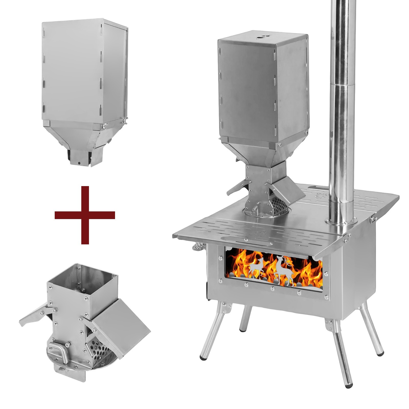 Portable Wood Burning Stove w Pipes Hot Tent Stove for Outdoor Camping & Heating