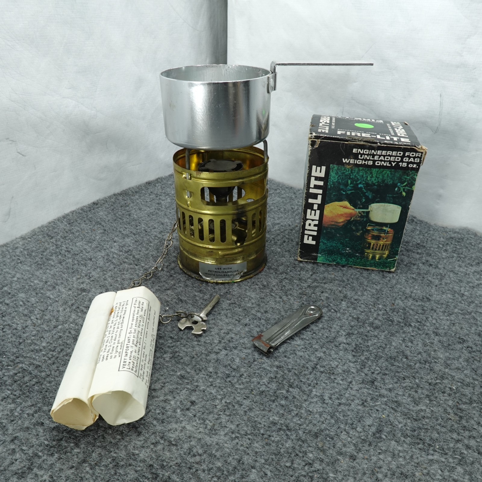 Fire-Lite Brass Backpacker Camp Stove 15oz W/ Box Accessories Vintage