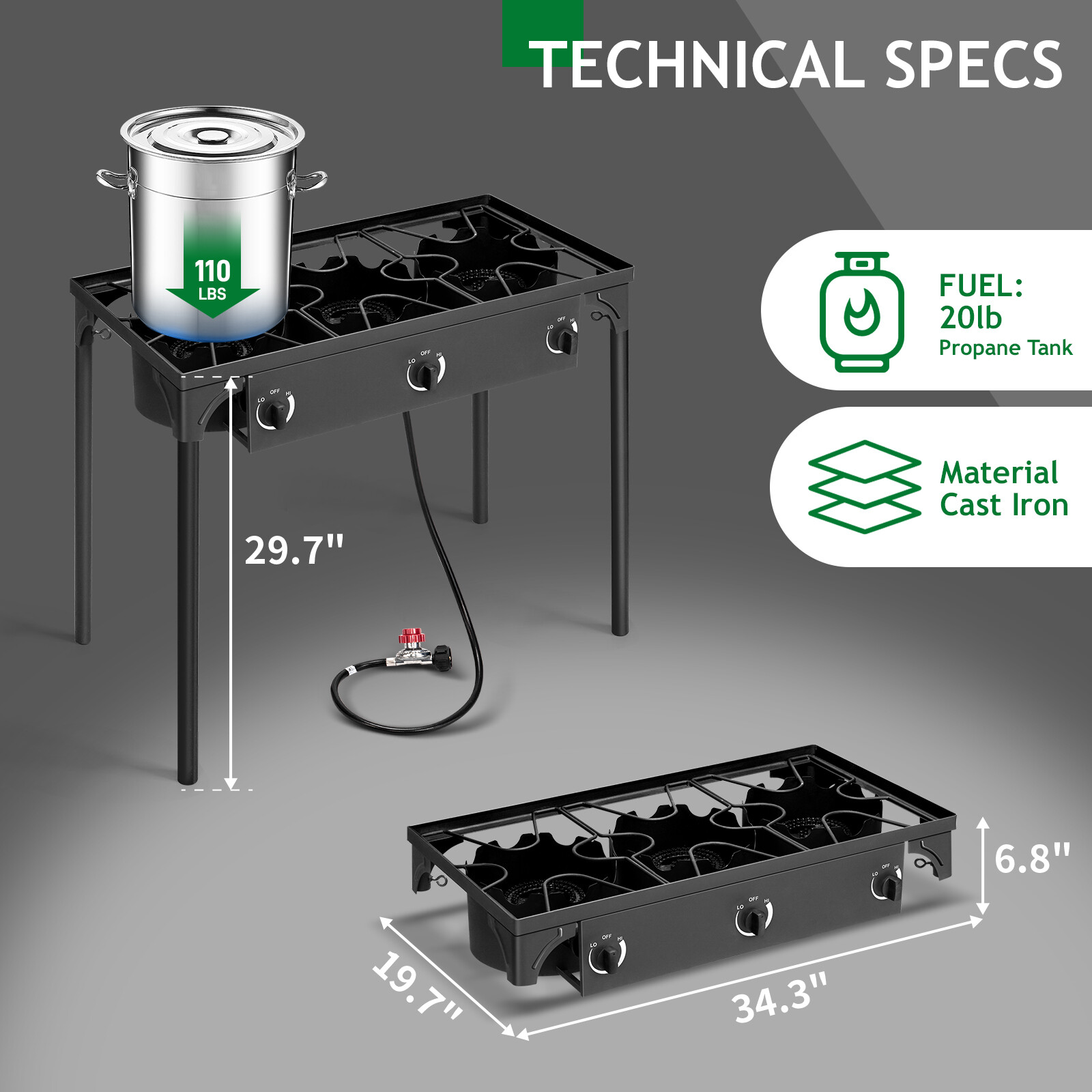 Zokop Portable Propane 225000-BTU 1-3 Gas Burners Outdoor Cooker Stove BBQ Grill