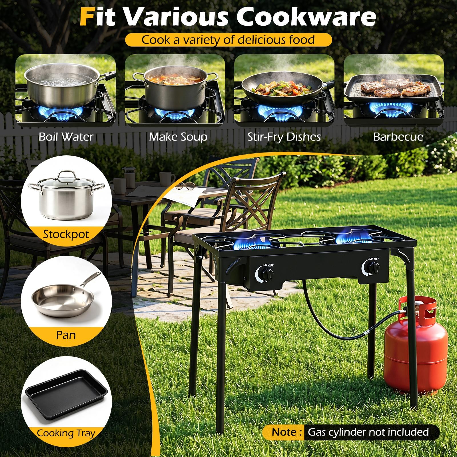 2 Burner Outdoor Propane Gas Stove w/Adjustable Regulator & Hose 160000 BTU