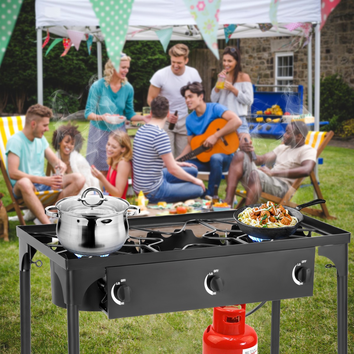 Premium Portable Propane 225,000-BTU 3 Burner Gas Cooker Camping Picnic Stove