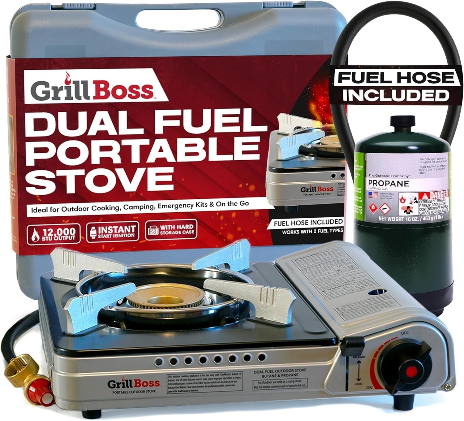 Grill Boss Dual Fuel Camp Stove – 12,000 BTU Butane & Propane Portable Stoves fo