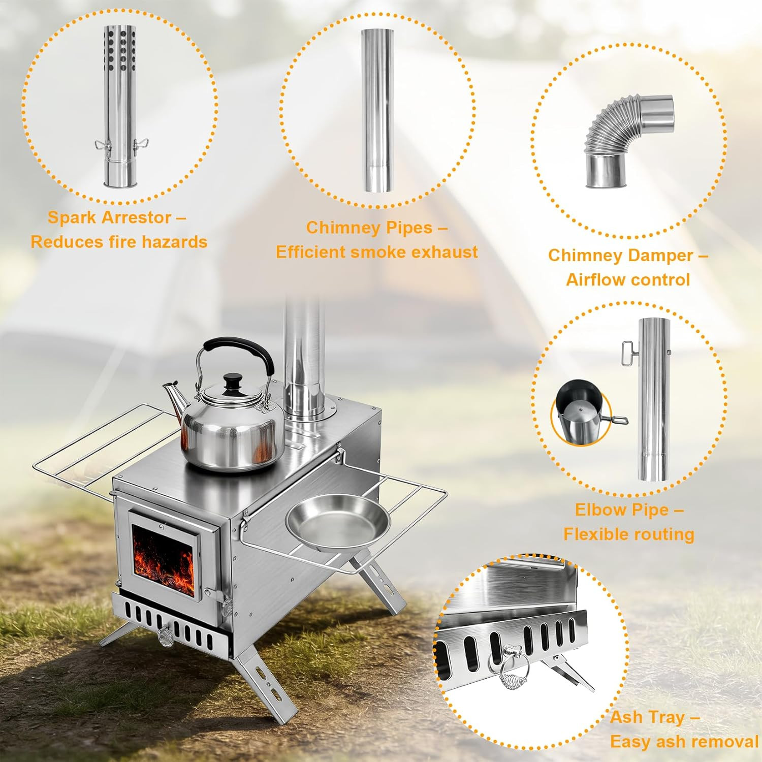 Stainless Hot Tent Stove 15In Wood Burning Stove with 6 Chimney Pipes for Outdoo