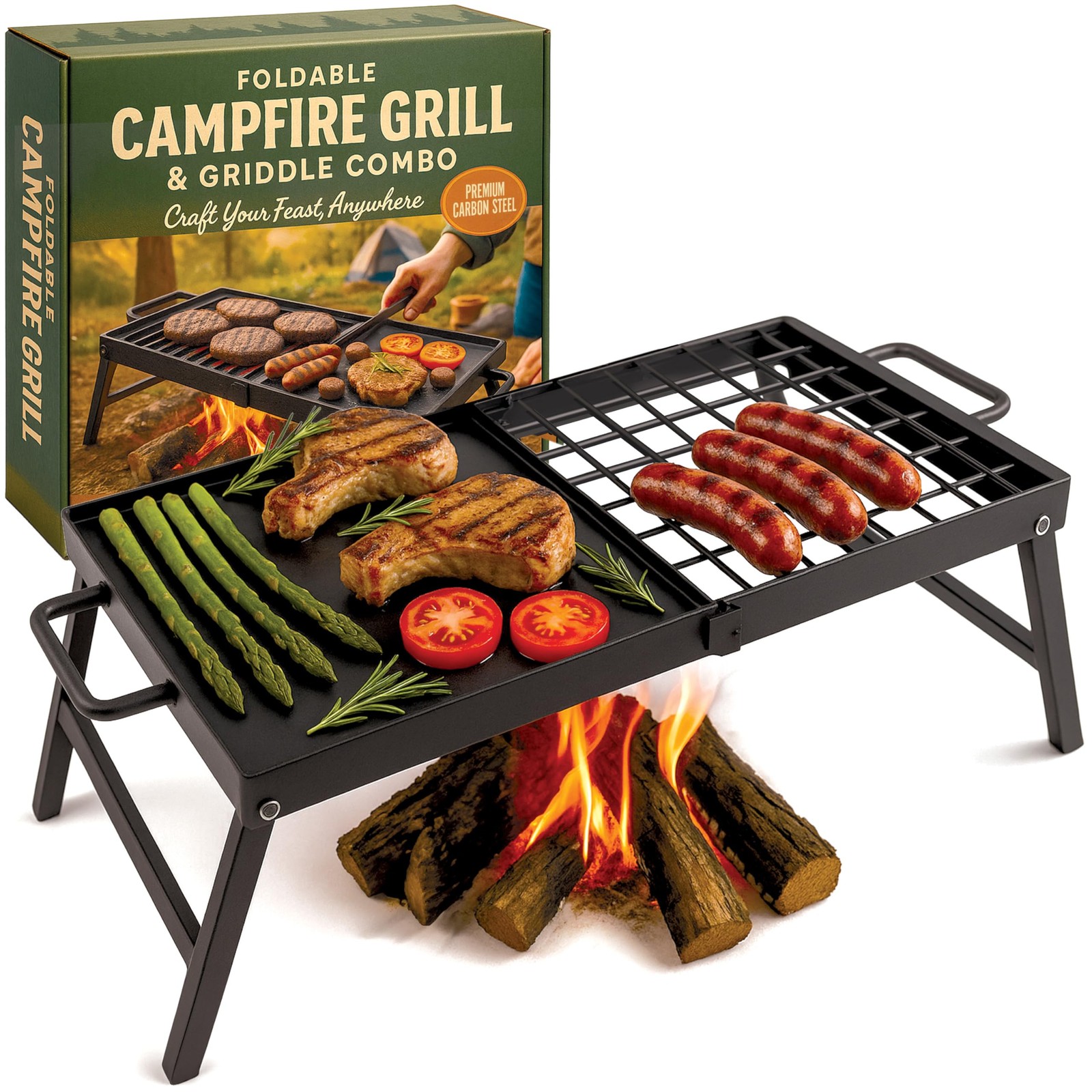 Foldable Campfire Grill with Large Non-Stick Surface – Portable Grate & Griddle