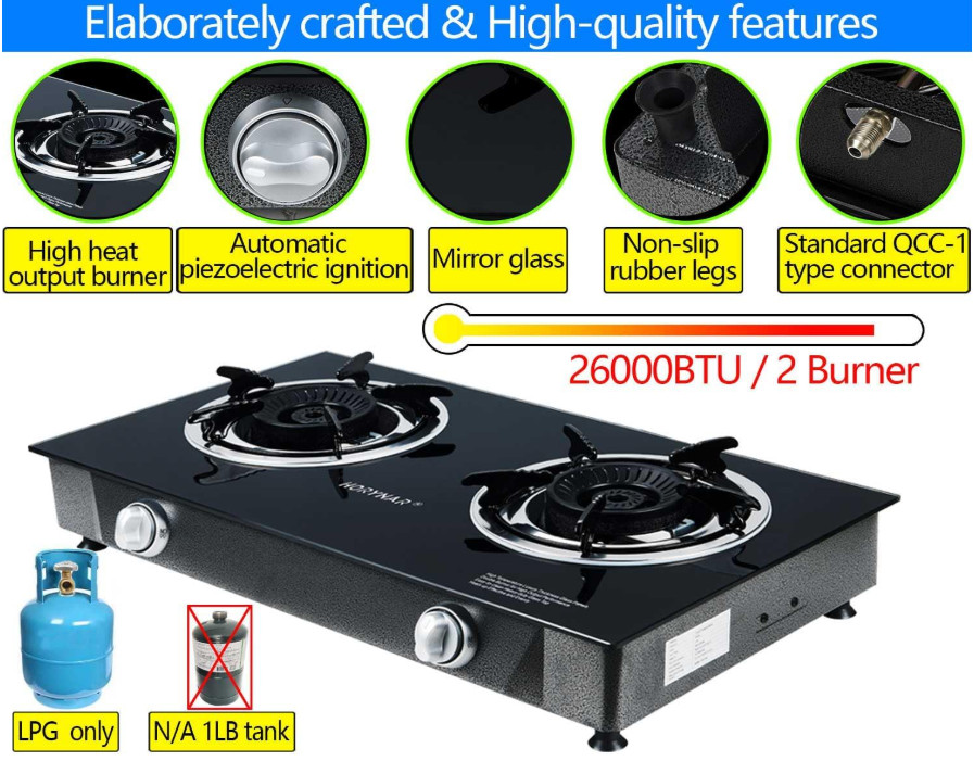 Cocina de gas propano de 2 quemadores con encendido automático, 26 000 BTU, para