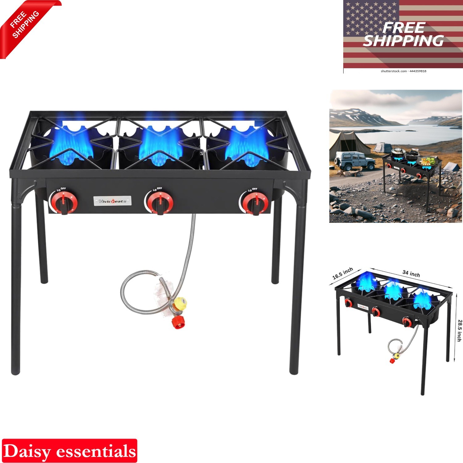 3 Burner Propane Stove 28 Inch Tall Camping Stove with 105000 BTU Cast Iron B…