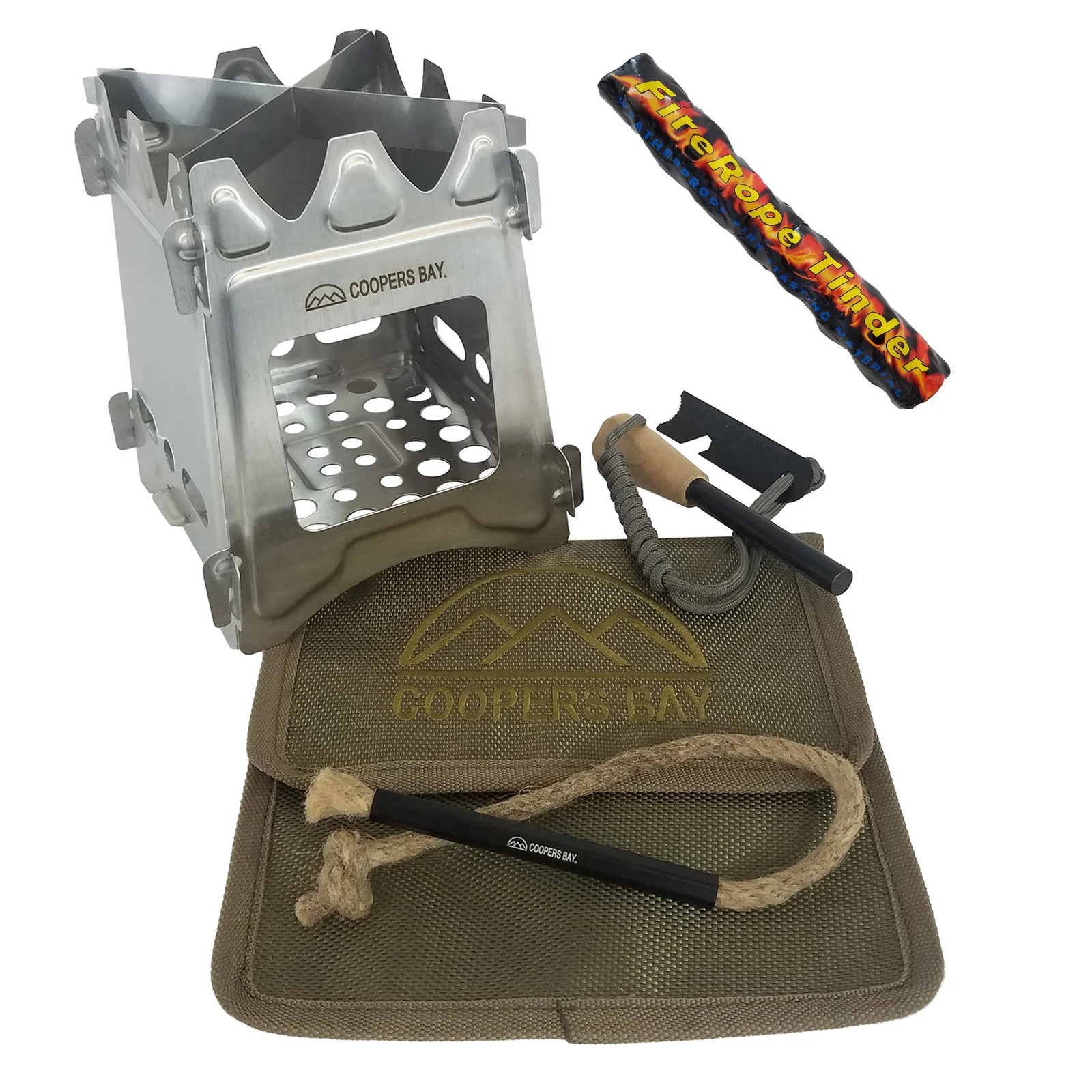 Coopers Bay® Hiker Twig Stove Package – Flat Pack Stove, Ferro Rod & Tinder