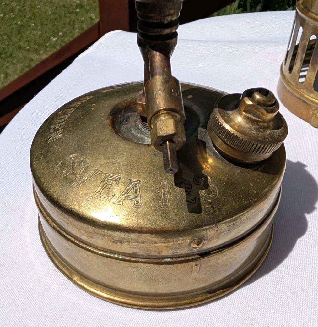 Vintage Svea 123 Brass Backpacking Camp Stove Optimus Sweden w/ Safety Chef Pots