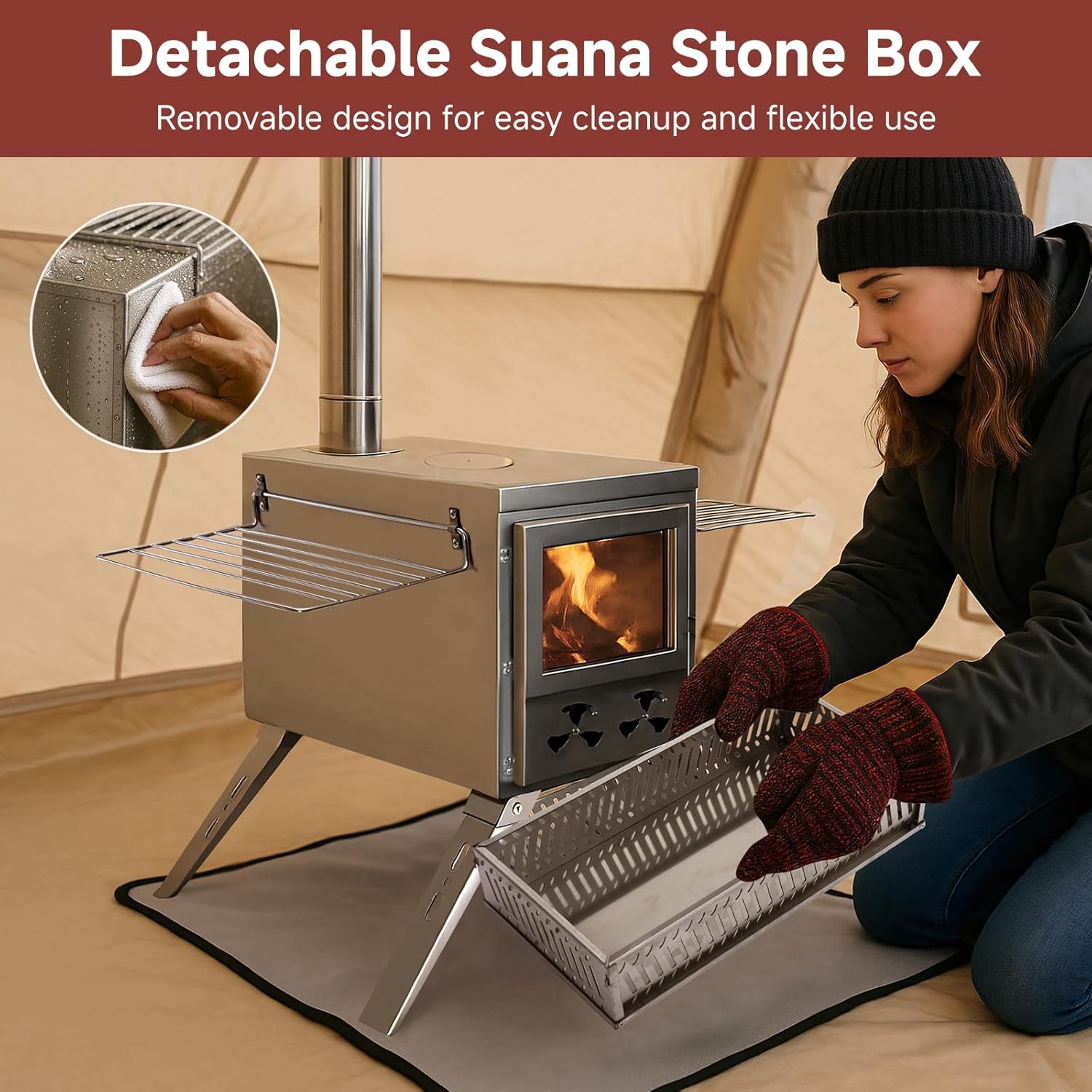 MOPHOTO 2in1 Sauna Hot Tent Stove Burning Stove With Stone Box 8 Chimney Pipes