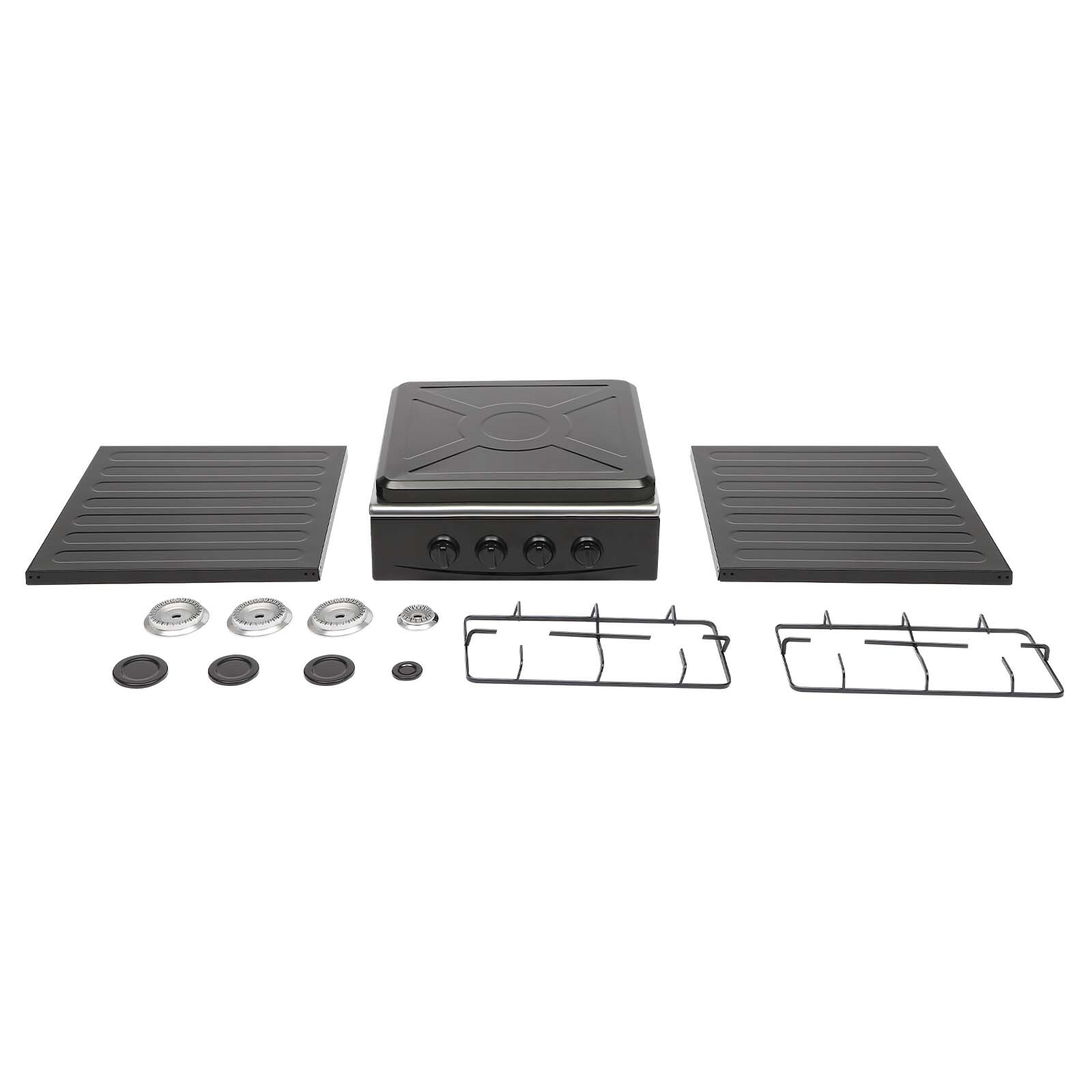 Outdoor Gas 4 Burner Stove Cooker w/Iron Stand 2-Tier Storage w/Windshelter Lid