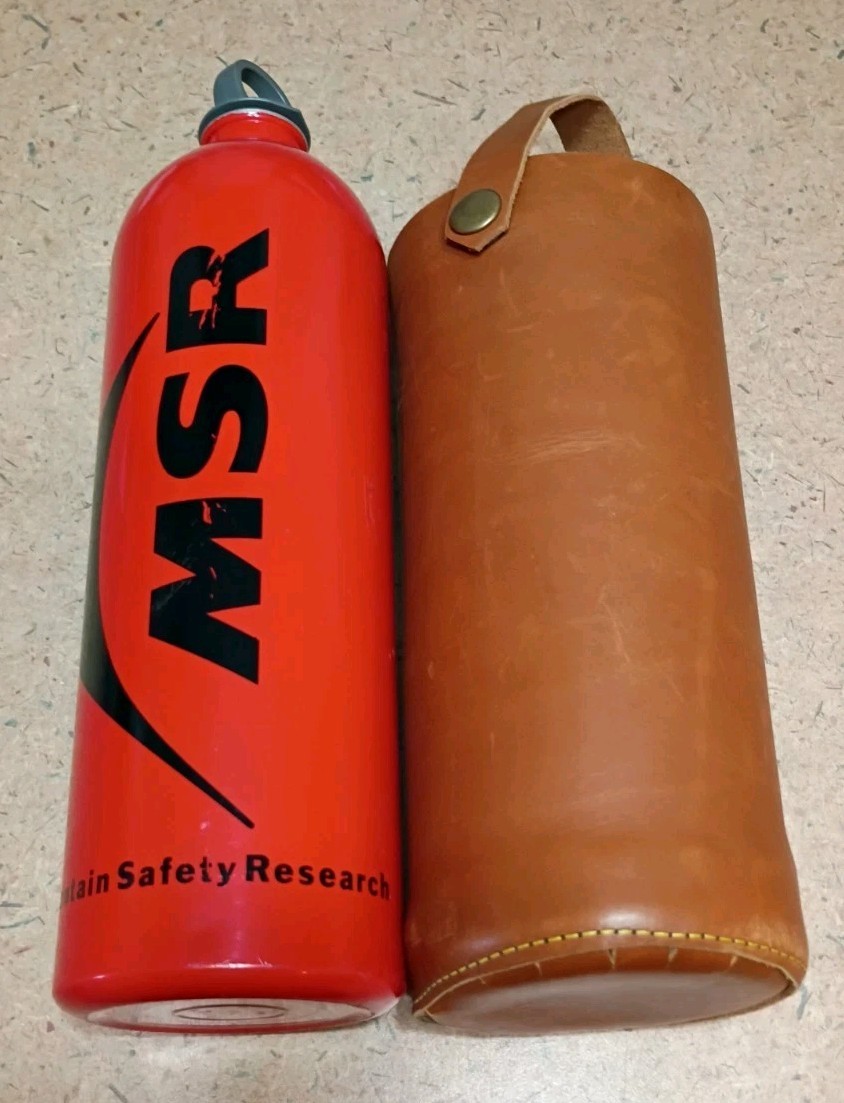 MSR 33oz. Red Aluminum Camping Stove Fuel Bottle w/ Protective Leather Holder