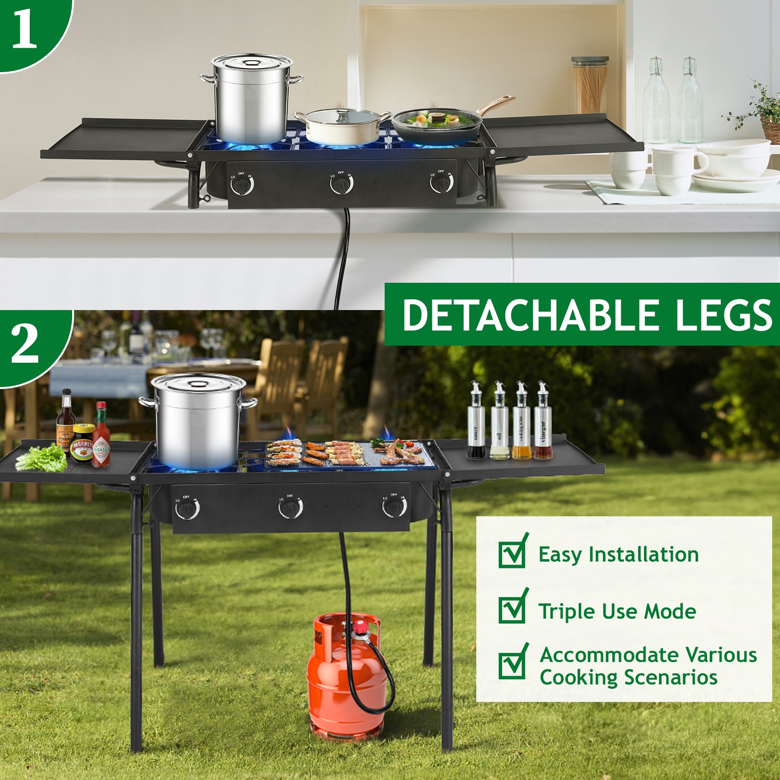 Propane 225,000-BTU 3 Burner Gas Cooker Outdoor Camping Stove BBQ Grill w/ Shelf