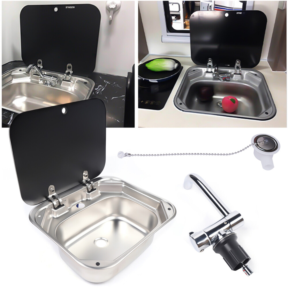RV Caravan Camper Sink Stainless Steel Hand Wash Basin with Glass Lid & Faucet