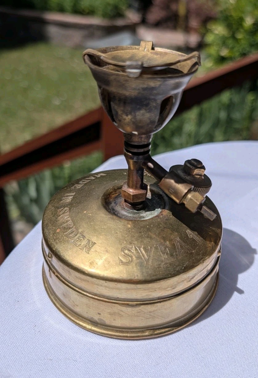 Vintage Svea 123 Brass Backpacking Camp Stove Optimus Sweden w/ Safety Chef Pots
