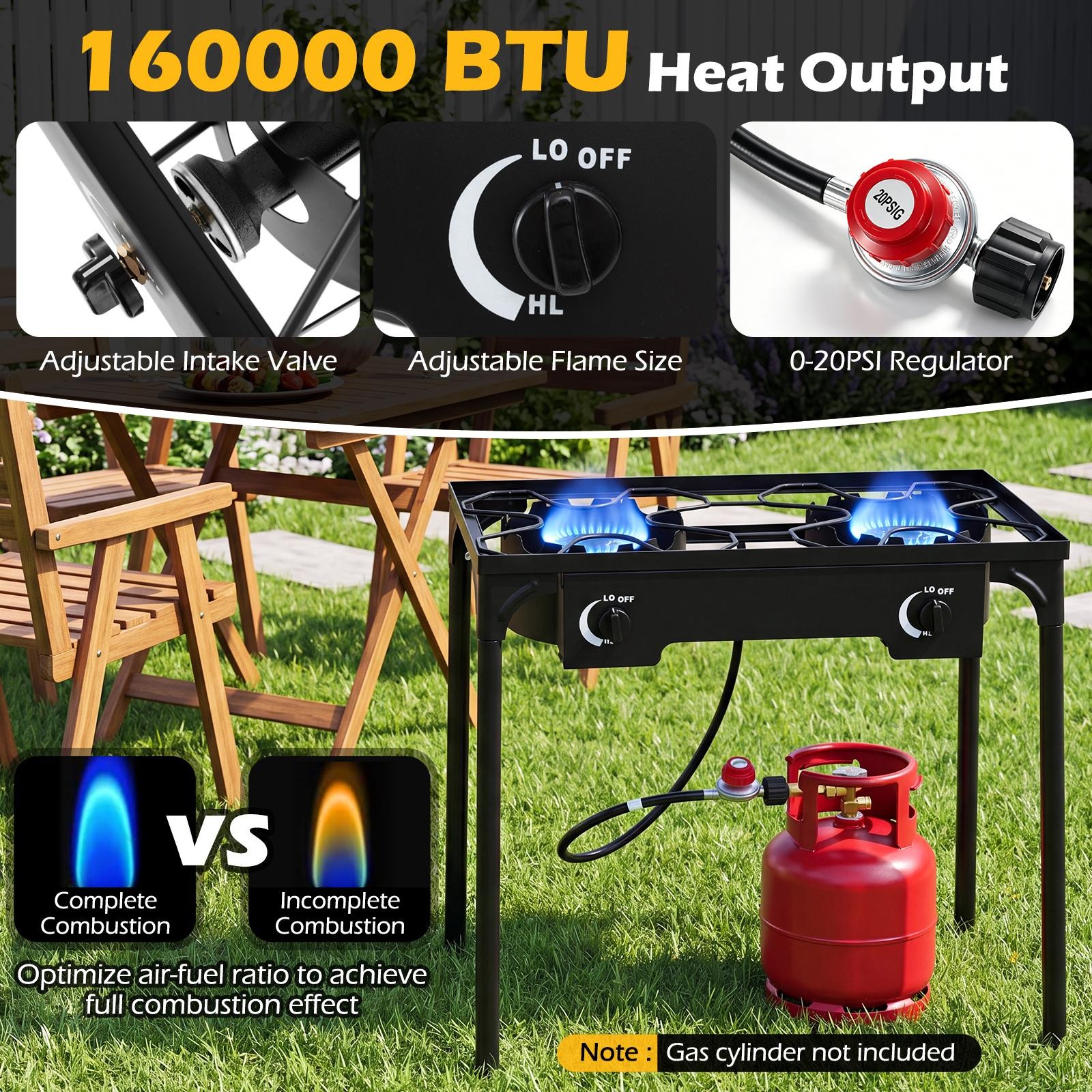 2 Burner Outdoor Propane Gas Stove w/Adjustable Regulator & Hose 160000 BTU