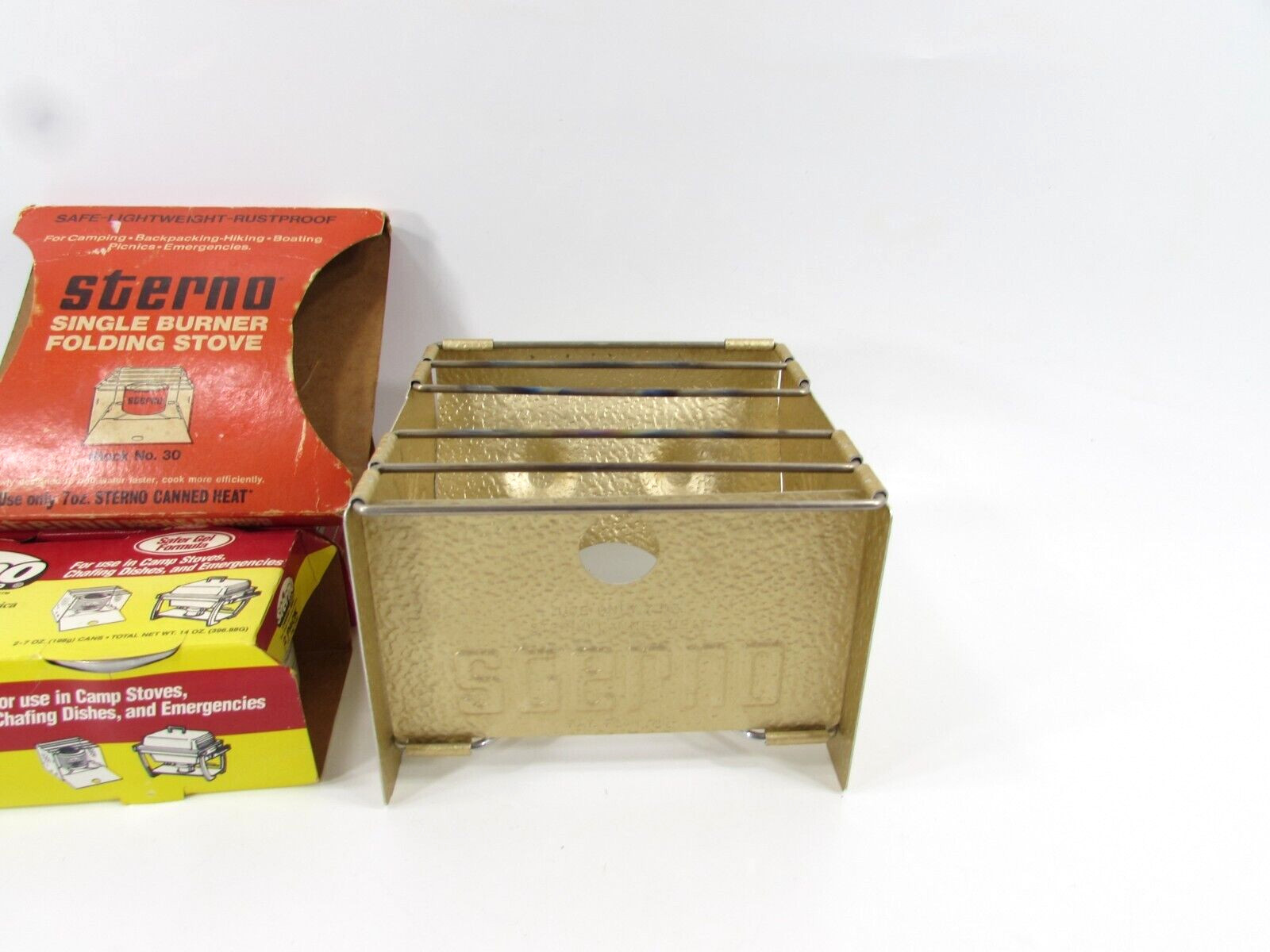 VTG. STERNO Folding Camp Stove Vintage Single Burner + 4 Cans 7 oz. Sterno Fuel