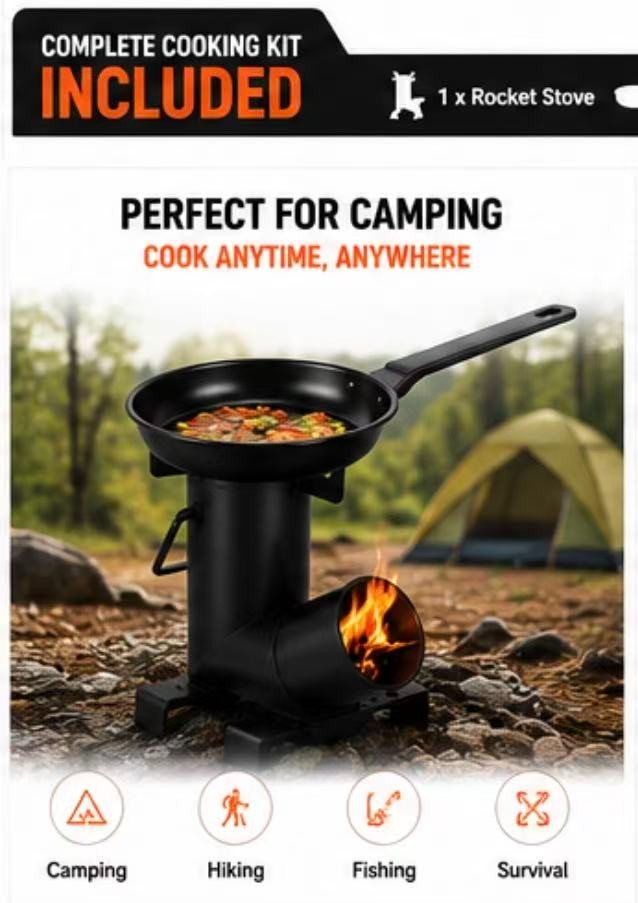 Portable Camping Rocket Stove Wood Burning Cooker w/ Frying Pan & 2 Spatulas Sur