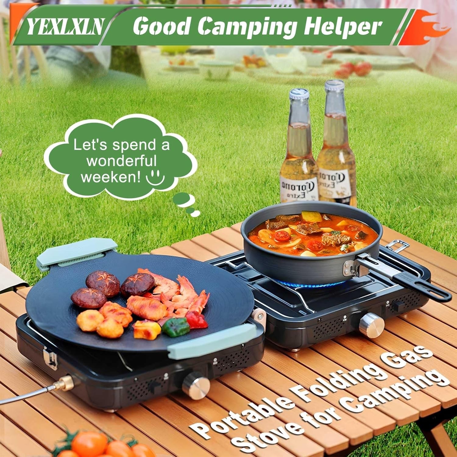 Portable Propane 2-Burner Foldable Camping Stove with Griddle and Carrying Bag