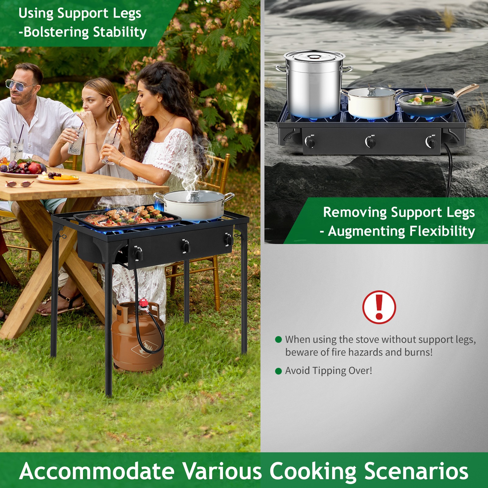 225000 BTU Powerful Three Outdoor Camping Gas Propane Stove with Removable Legs